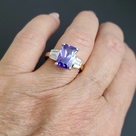 Art Deco Cocktail Ring Purple  Amethyst Cubic Zirconia Gold Size 10 - Picture 8 of 8